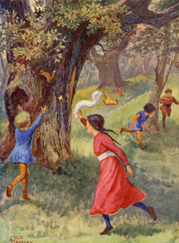 Merrie England: Sherwood Forestben játszó gyerekek (színes litográfia) alkotó: Alfred (after) Pearse