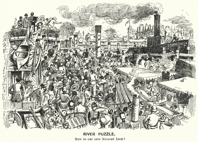 Punch rajzfilm: Torlódás a Temze folyón Molesey Lock-nál, Surrey (metszet) alkotó: Alfred Chantrey Corbould