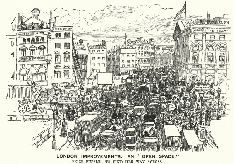 Punch rajzfilm: London Improvements. „Nyílt tér” – forgalmi torlódás a viktoriánus Londonban (metszet) alkotó: Alfred Chantrey Corbould