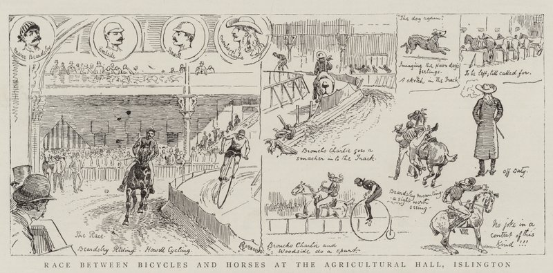 Kerékpárok és lovak közötti verseny az Islington-i Agricultural Hallban alkotó: Alfred Chantrey Corbould