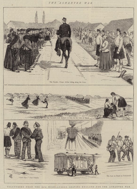 Az Ashantee-háború, a 79. felföldi hadsereg önkéntesei Angliából az Ashantee-háborúba indulnak. alkotó: Alfred Chantrey Corbould
