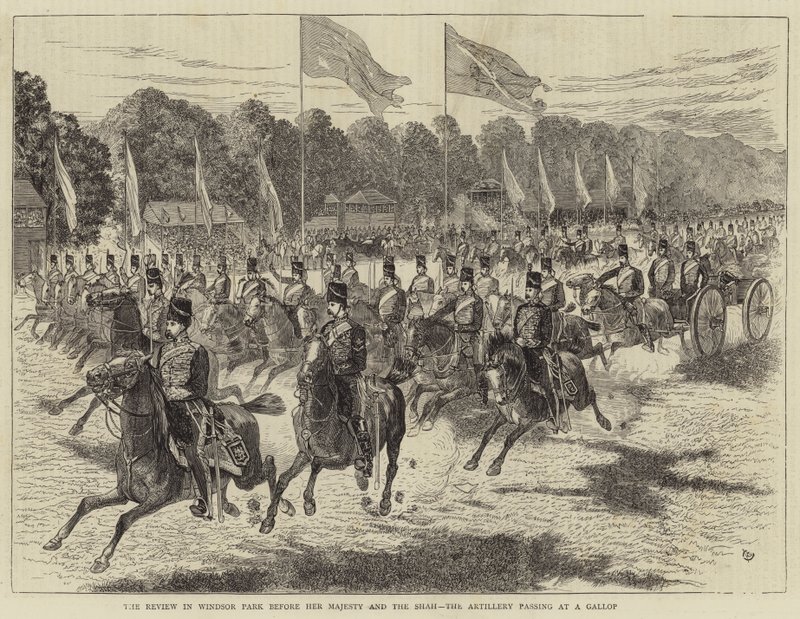 Szemle a Windsor Parkban Őfelsége és a sah előtt, a tüzérség vágtában (metszet) alkotó: Alfred Chantrey Corbould