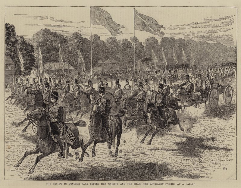 Szemle a Windsor Parkban Őfelsége és a sah előtt, a tüzérség vágtában alkotó: Alfred Chantrey Corbould