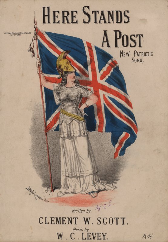 Here Stands a Post, New Patriotic Song - Britannia holding the Union Jack (színes litográfia) alkotó: Alfred Concanen