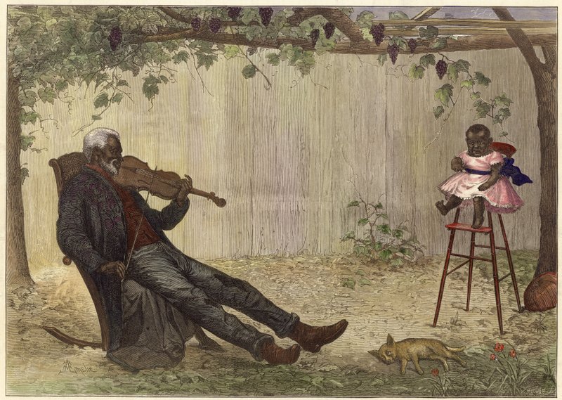 Öreg fekete férfi hegedül a kisbabának (színes metszet) alkotó: Alfred Edward (after) Emslie