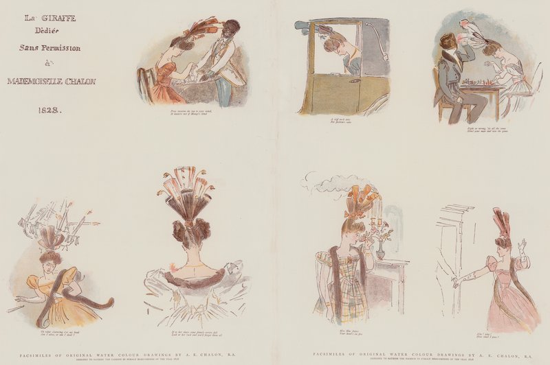 Eredeti akvarell rajzok fakszimilái, amelyek az 1828-as év női fejruháinak divatját szatírozzák (chromolitho) alkotó: Alfred Edward Chalon