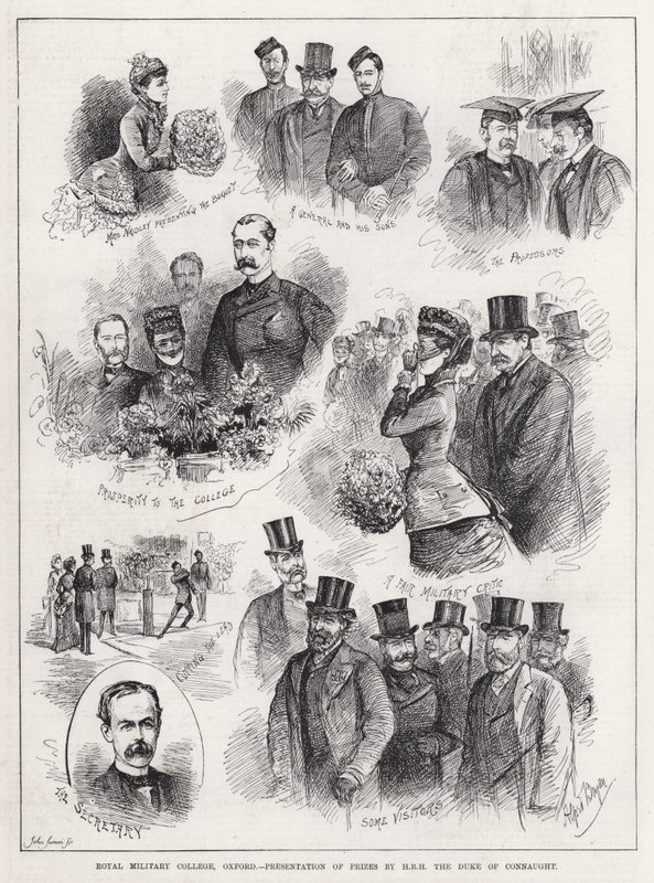 Királyi Katonai Főiskola, Oxford, HRH, Connaught herceg díjainak átadása (metszet) alkotó: Alfred Gish Bryan