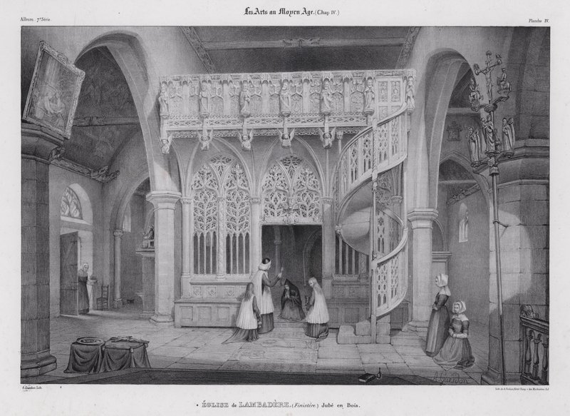 A Notre Dame de Lambader kápolnának faragott fa tetőfala, Plouvorn, Bretagne, Franciaország (litho) alkotó: Alfred Guesdon