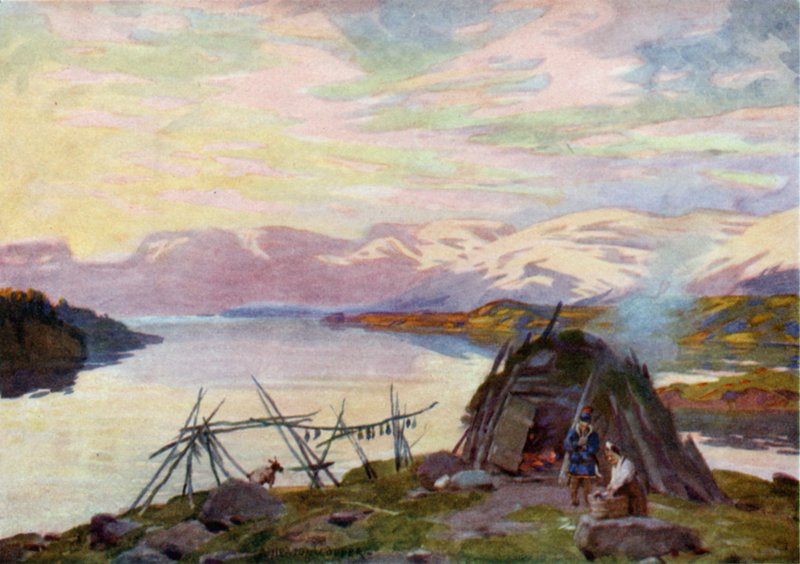 Lapp kunyhó a Torne Trask-tavon, éjfél alkotó: Alfred Heaton Cooper
