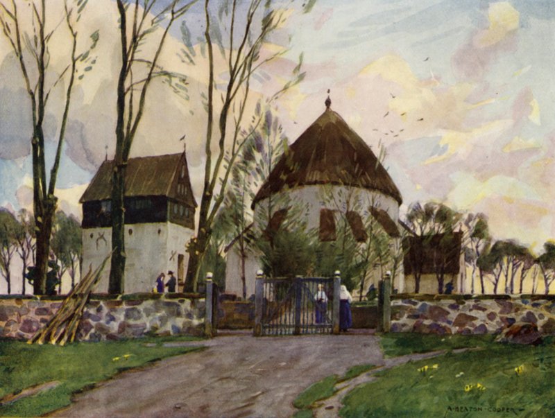 Dánia: Bornholm, Osterlars Church (színes litho) alkotó: Alfred Heaton Cooper