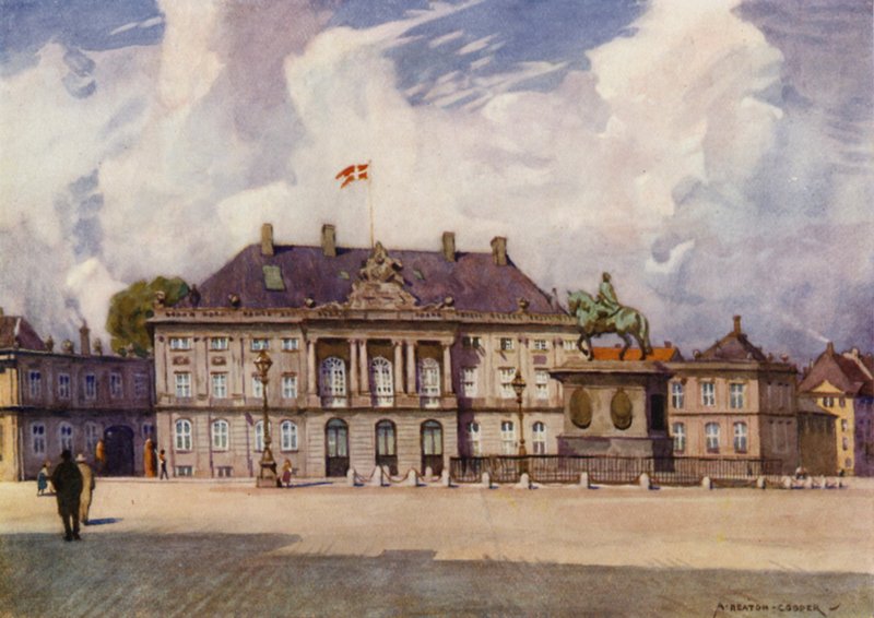 Dánia: Koppenhága, Az Amalienborg-palota (színes litho) alkotó: Alfred Heaton Cooper