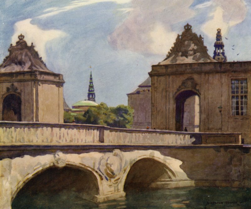 Dánia: Koppenhága, a Márványhíd (színes litho) alkotó: Alfred Heaton Cooper