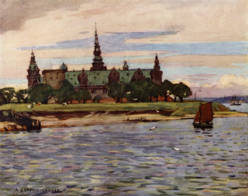 Dánia: Helsingor, Kronborg kastély (színes litho) alkotó: Alfred Heaton Cooper