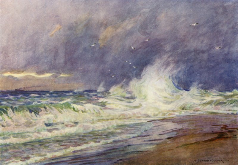 Dánia: A Skaw, az Északi-tenger és a Kattegat találkozása (színes litho) alkotó: Alfred Heaton Cooper