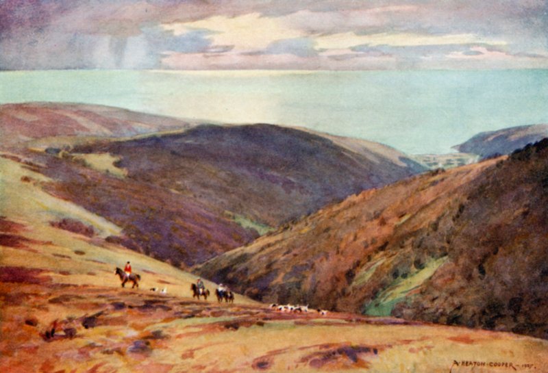 Vadászat a gímszarvasra Exmooron, Porlock-völgyben (színes litó) alkotó: Alfred Heaton Cooper