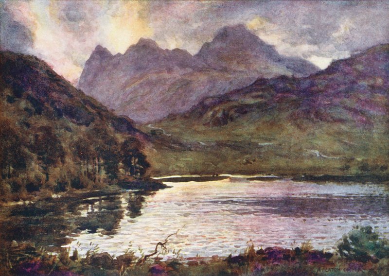 Lake District: Blea Tarn és Langdale Pikes (színes litográfia) alkotó: Alfred Heaton Cooper