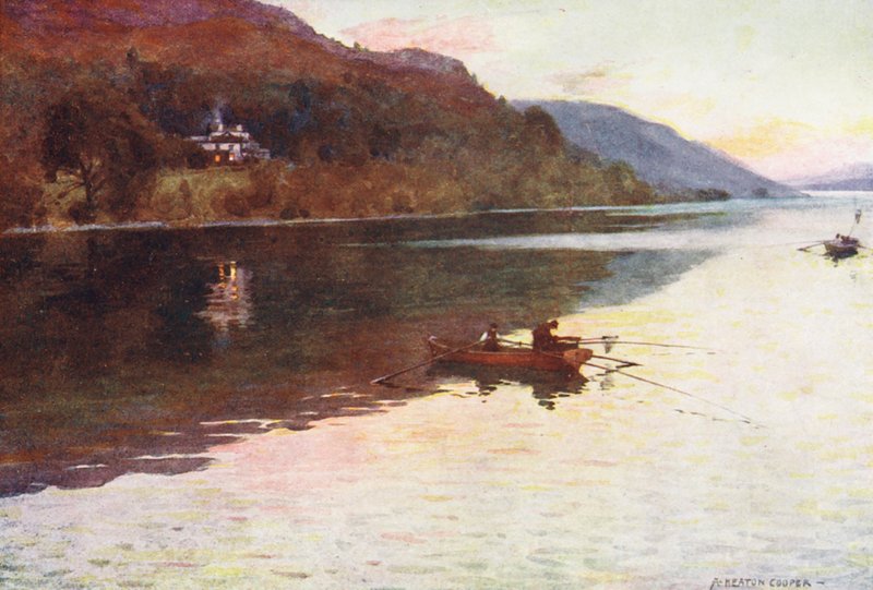 Lake District: Brantwood, Coniston Lake, Char-horgászat (színes litho) alkotó: Alfred Heaton Cooper