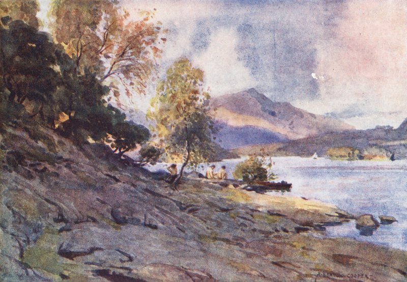 Lake District: Derwentwater partjainál (színes lithó) alkotó: Alfred Heaton Cooper