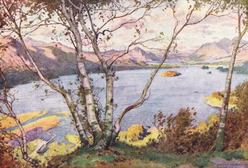 Lake District: Derwentwater és Bassenthwaite-tó, High Lodore felől (színes lithó) alkotó: Alfred Heaton Cooper