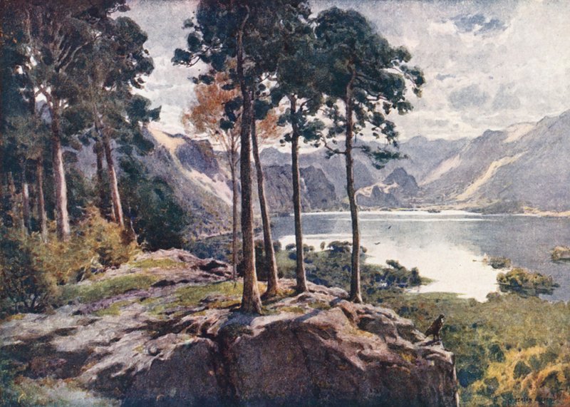 Lake District: Derwentwater, Castle Head felől, egy derűs reggel (színes lithó) alkotó: Alfred Heaton Cooper