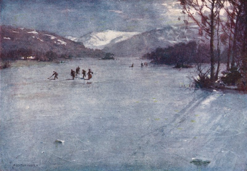 Lake District: Windermere, korcsolyázás holdfényben (színes litográfia). alkotó: Alfred Heaton Cooper