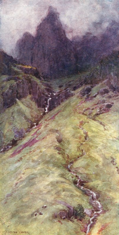 Lake District: Ennerdale oszlopos sziklája (színes litográfia) alkotó: Alfred Heaton Cooper
