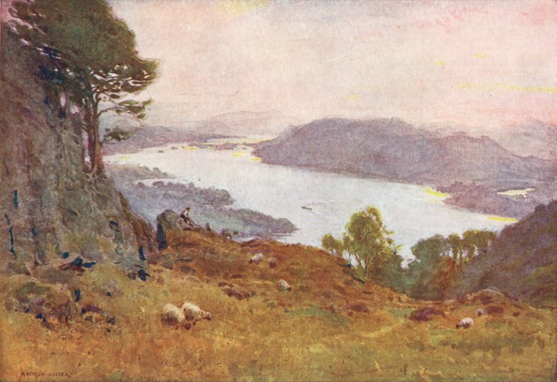 Lake District: Windermere Wansfell felől, naplemente (színes lithó) alkotó: Alfred Heaton Cooper