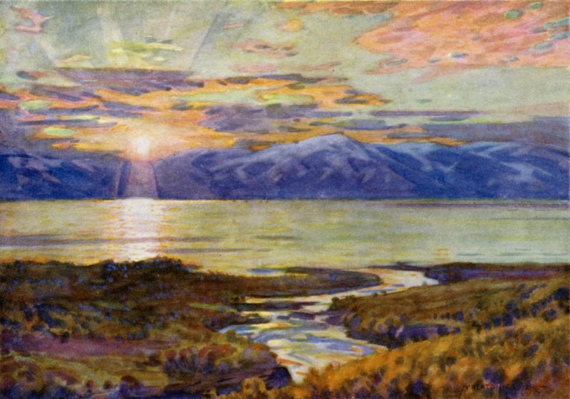 Éjféli nap a Torne Trask-tó felett, Abiskoból alkotó: Alfred Heaton Cooper
