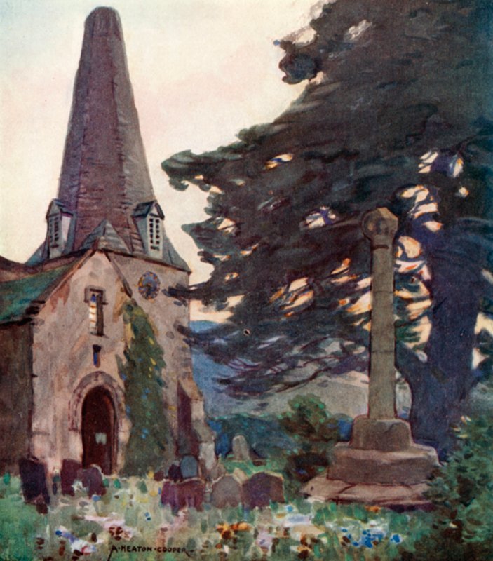 Porlock templom és kereszt (színes litó) alkotó: Alfred Heaton Cooper