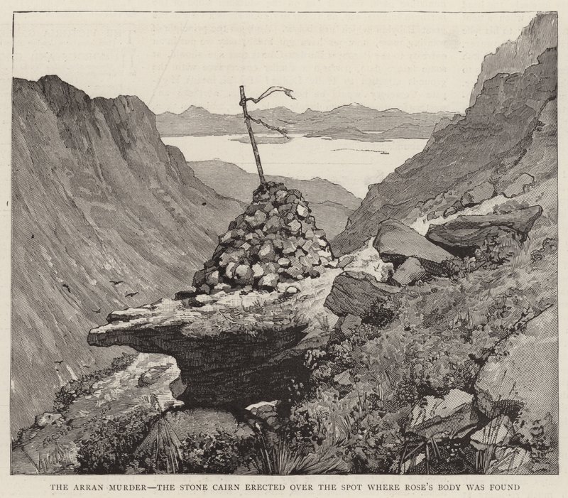 Az Arran-gyilkosság, a Stone Cairn, amelyet azon Hely felett emeltek, ahol Rose holttestét megtalálták alkotó: Alfred Heaton Cooper