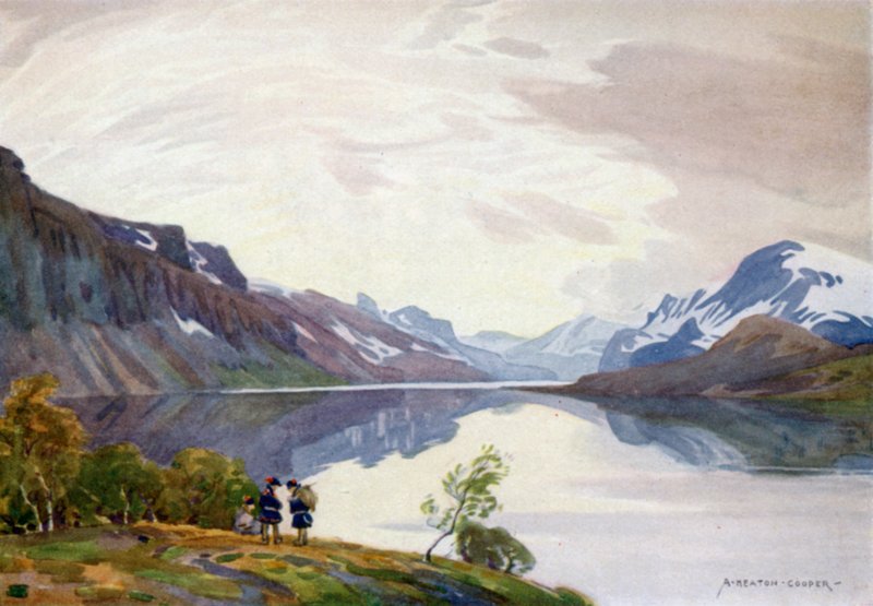 Kilátás a turisztikai pályaudvarról, Saltoluokta, Lappföld alkotó: Alfred Heaton Cooper