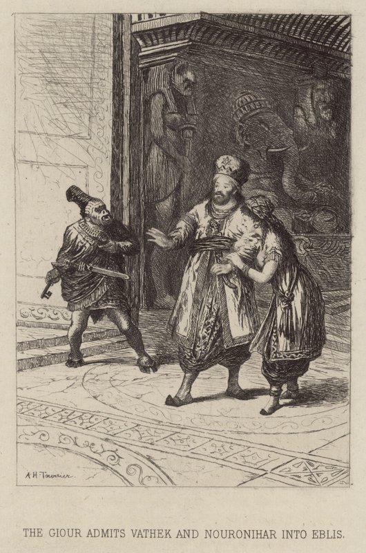 A Giour felveszi Vatheket és Nouronihart az Eblisbe (rézkarc) alkotó: Alfred Holst Tourrier