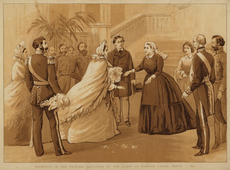 Alexandra hercegnő fogadása Viktória királynő által a windsori kastélyban, 1863. március 7-én (chromolitho) alkotó: Alfred Johnson