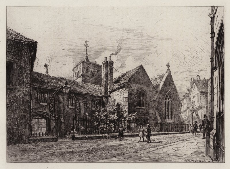 Cambridge: Corpus Christi College és a Szent Benet tornya (rézkarc) alkotó: Alfred Louis Brunet Debaines