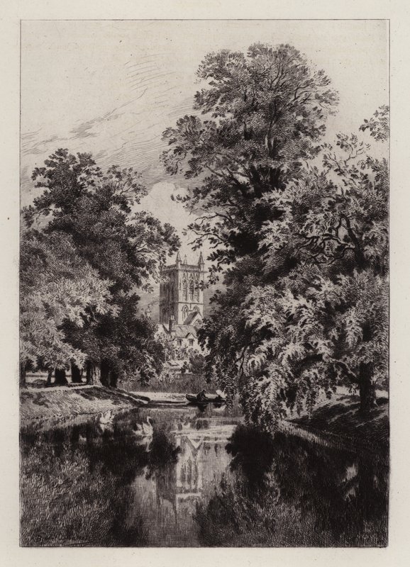 Cambridge: Cam a Trinity College közelében, a Szent János-kápolna tornyával (rézkarc) alkotó: Alfred Louis Brunet Debaines