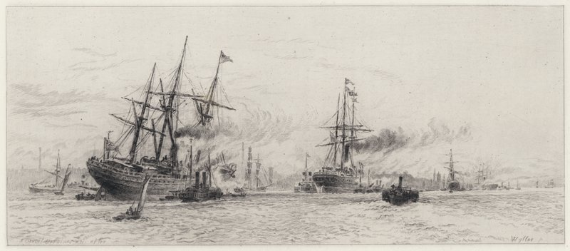 Szállítás a Mersey-n (rézkarc) alkotó: Alfred Louis Brunet Debaines