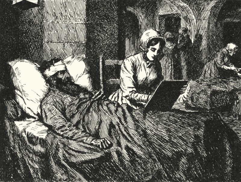Florence Nightingale angol nővér levelet ír a krími háborúban megsebesült katonának a scutari kórházban, 1855 alkotó: Alfred Wallis Mills