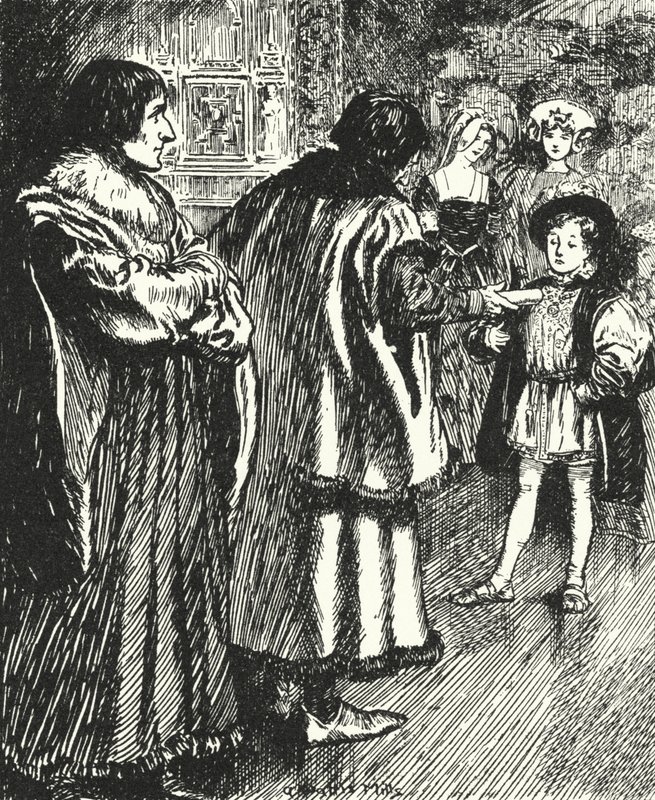 Erasmus nézi, ahogy Sir Thomas More versét mutatja be az ifjú Henrik hercegnek, VIII. Henrik leendő királynak. alkotó: Alfred Wallis Mills