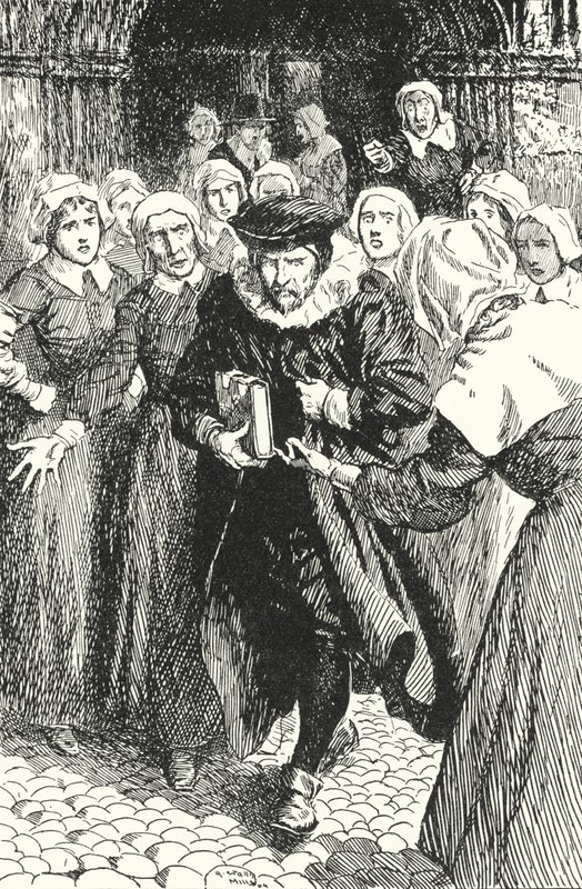 William Annand skót papot elítélték az edinburghi nők, amiért az új imakönyvből prédikált a St Giles-székesegyházban, 1637 alkotó: Alfred Wallis Mills