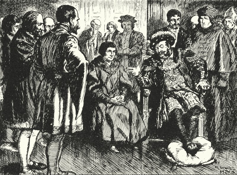 Sir Thomas More VIII. Henrik udvarában, ellenállva annak, hogy a királyok megpróbálják rávenni, hogy mondjon valamit, amivel szórakoztatja. alkotó: Alfred Wallis Mills