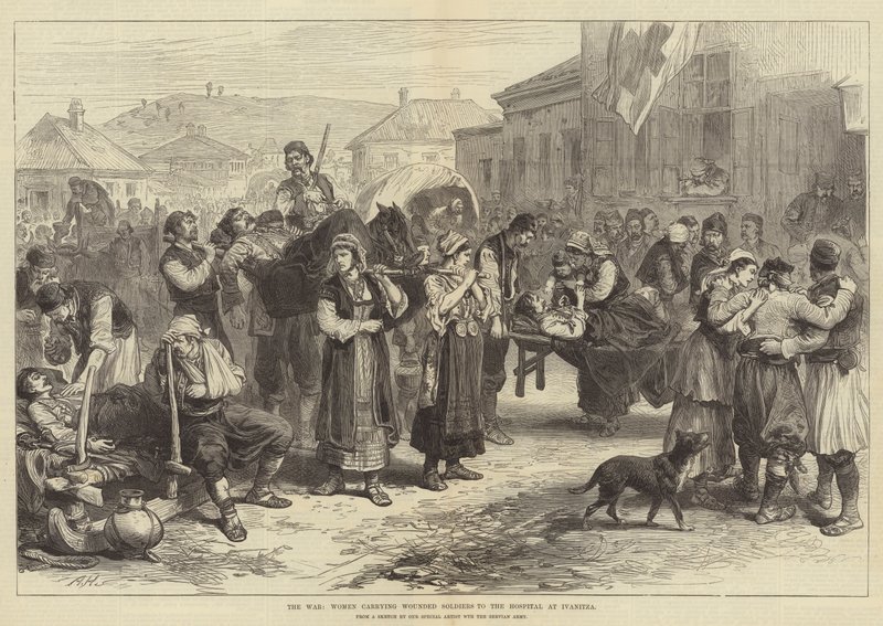 A háború, a nők sebesült katonákat szállítanak az ivanitzai kórházba alkotó: Alfred William Hunt