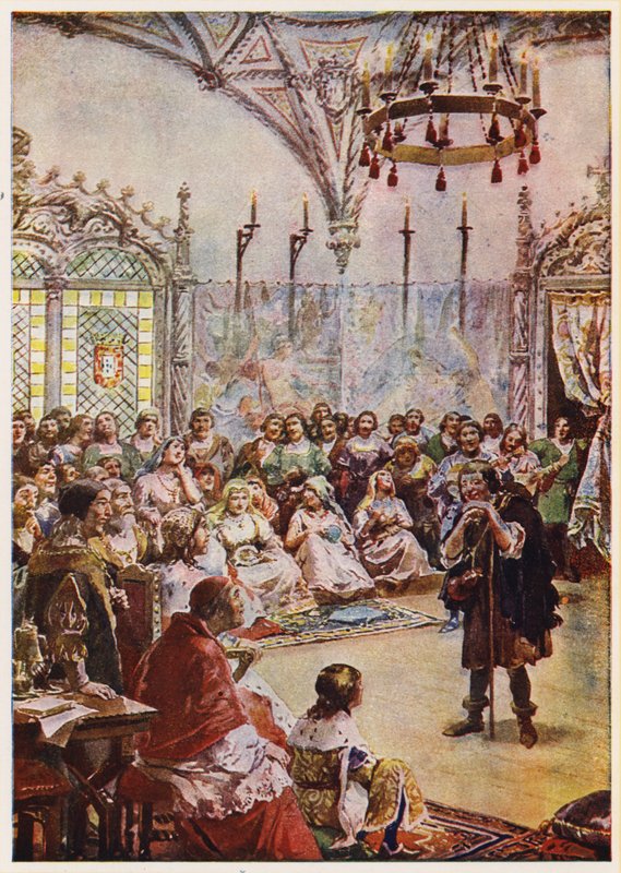 Gil Vicente I. Mánuel portugál király udvarában (színes litográfia) alkotó: Alfredo Roque Gameiro