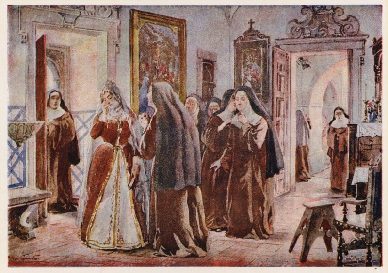 Savoyai Mária Ferencné, Portugália királynője, a lisszaboni Reménység Miasszonyunk kolostorában. alkotó: Alfredo Roque Gameiro
