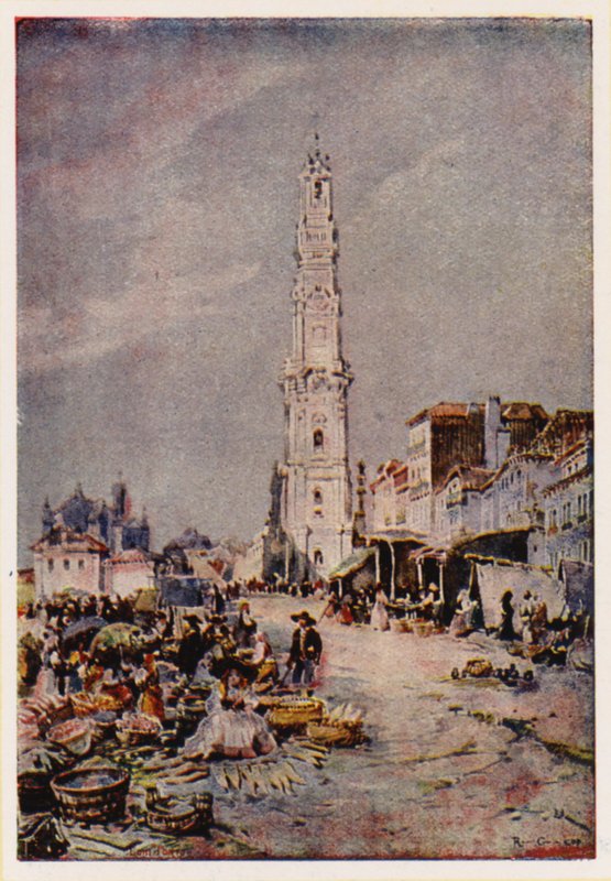 Clerigos torony, Porto, Portugália (színes litográfia) alkotó: Alfredo Roque Gameiro