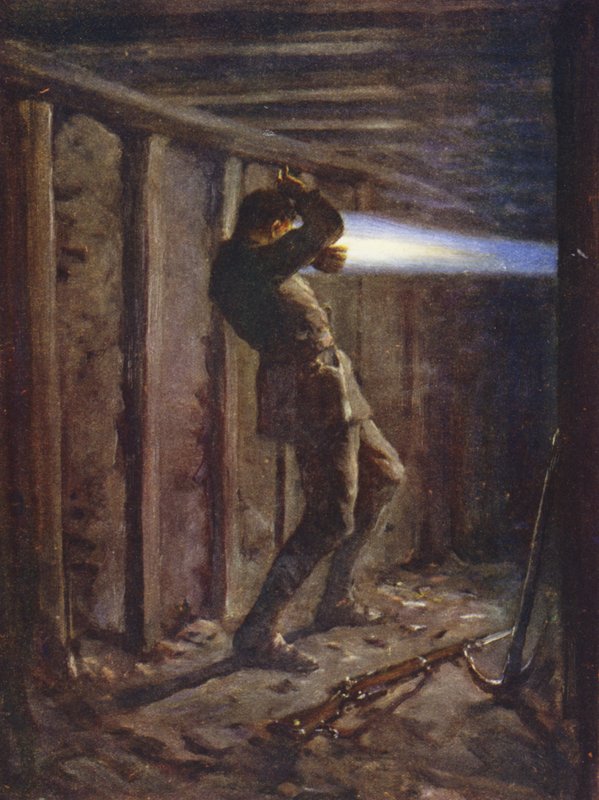 Kék lángnyelv csap ki az ellenség oldaláról egy bányacsarnokból, és súlyosan leégett T közlegény közlegény, 1915. október 20. (színes litó) alkotó: Allan (after) Stewart