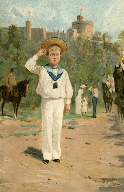 H R H Edward walesi herceg tiszteleg a színek előtt (színes litho) alkotó: Allan (after) Stewart