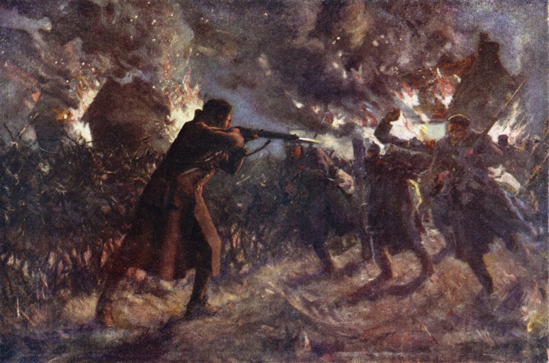 James Meston közlegény egymaga megtámadta több ellenséget, akik egy brit lövészárok elfoglalása után haladtak előre, az első ypresi csata, 1914. október 31. (színes litó) alkotó: Allan (after) Stewart
