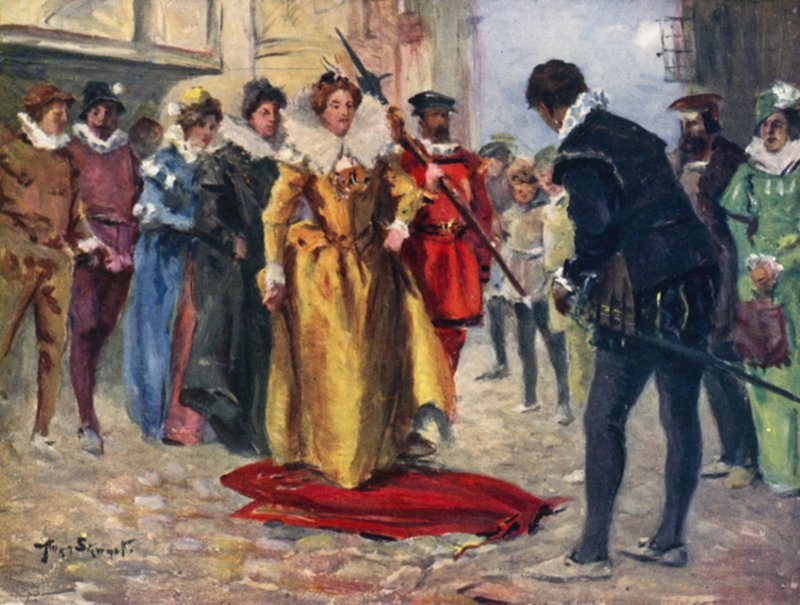 Raleigh levetette meleg köpenyét, és átrakta a Miry Patch-en (színes litó) alkotó: Allan (after) Stewart