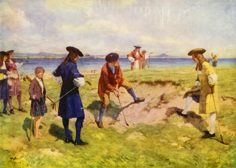 Az első nemzetközi négyes, golfozók a 17. században (színes litho) alkotó: Allan (after) Stewart
