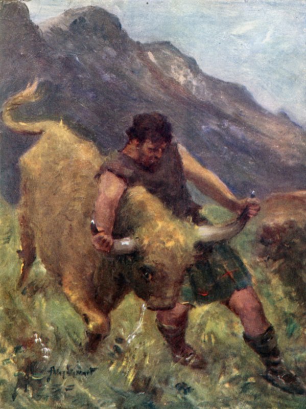Amikor birkózott vele, az egyik szarva leszakadt a kezében (színes litho) alkotó: Allan (after) Stewart